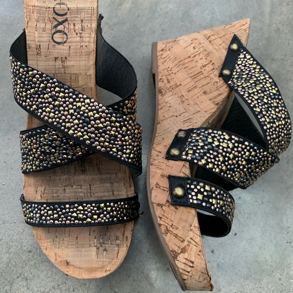 XOXO Wedge Studded Slip-on Sandals